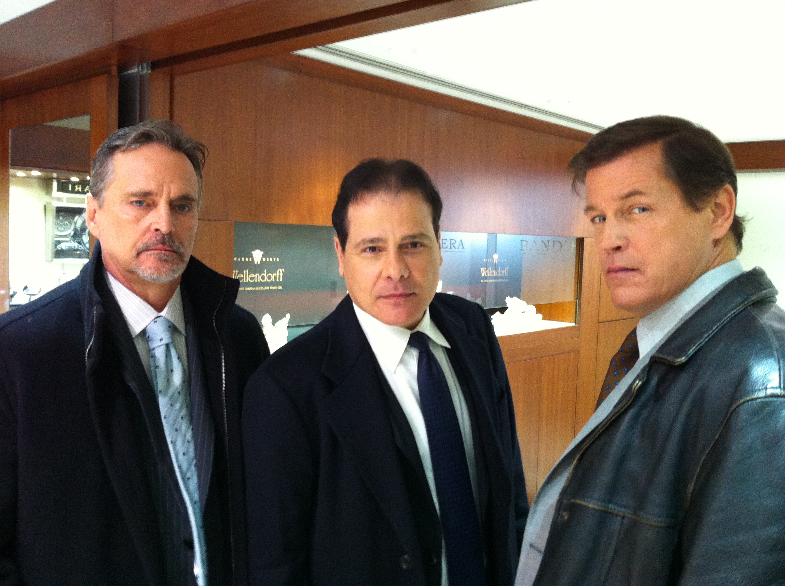 Robert Mangiardi, Frank D'Angelo and Michael Pare on the set of Real Gangsters.