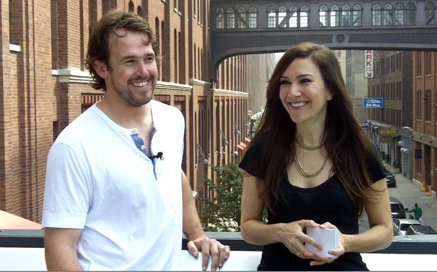 Pitcher Sam LeCure and Nadia Dajani in an episode of Caught Off Base with Nadia.