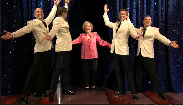 The Tonight Show with Jay Leno (Episode #19.103) - March 1, 2011. Pictured: Billy Lambrinides, Mark Smith, Betty White, Brian Beacock, Andy Steinlen