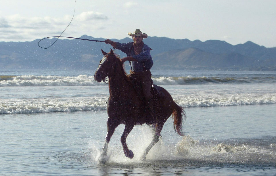 Whip-cracking on horseback at Pismo Beach
