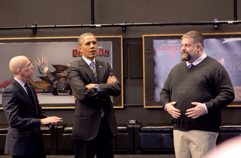 Jeffrey Katzenberg, President Obama, and Dean DeBlois during the President's visit to Dreamworks Animation, 11-26-13