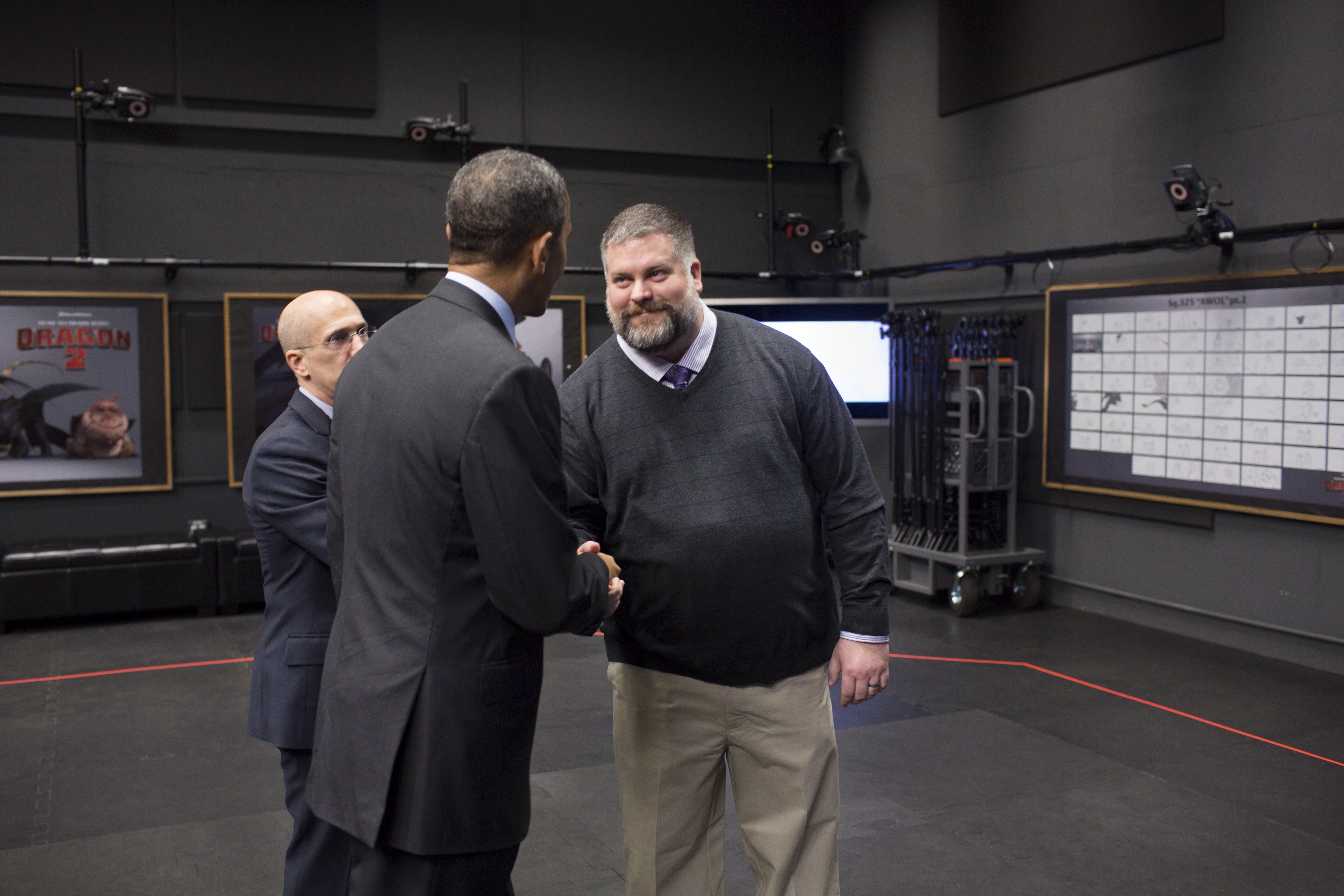 President Obama, Jeffrey Katzenberg, and Dean DeBlois during the President's visit to Dreamworks Animation, 11-26-13