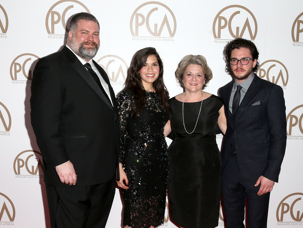 Dean DeBlois and nominee Bonnie Arnold (How To Train Your Dragon2) with stars America Ferrera and Kit Harrington at the Producers Guild of America Awards, January 24, 2015