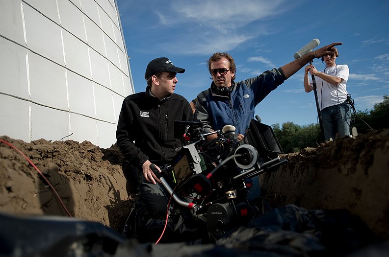 Rolf Dekens and director Erik de Bruyn on location in Hungary working on 'The President' (2011).