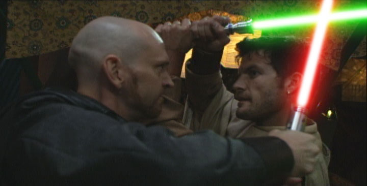Jeff Doba (left) as the Sith lord Darth Teros and Mark Deklin as the Jedi knight Lucan Andril in 
