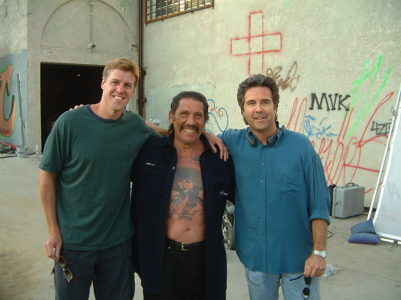 Writer/Directors Rob Muir and Bob Hilgenberg on location with actor Danny Trejo.