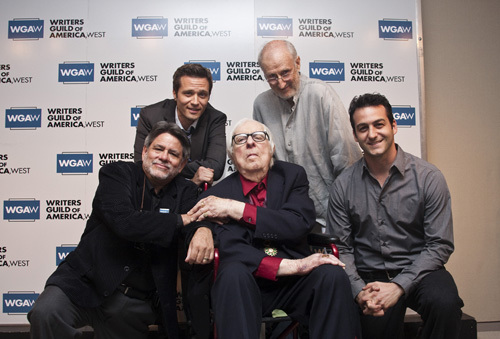 Ray Bradbury with Paul Leiva, Seamus Dever, James Cromwell and Jeff Canatta at the Writers Guild of America, West office in Los Angeles for a discussion panel event