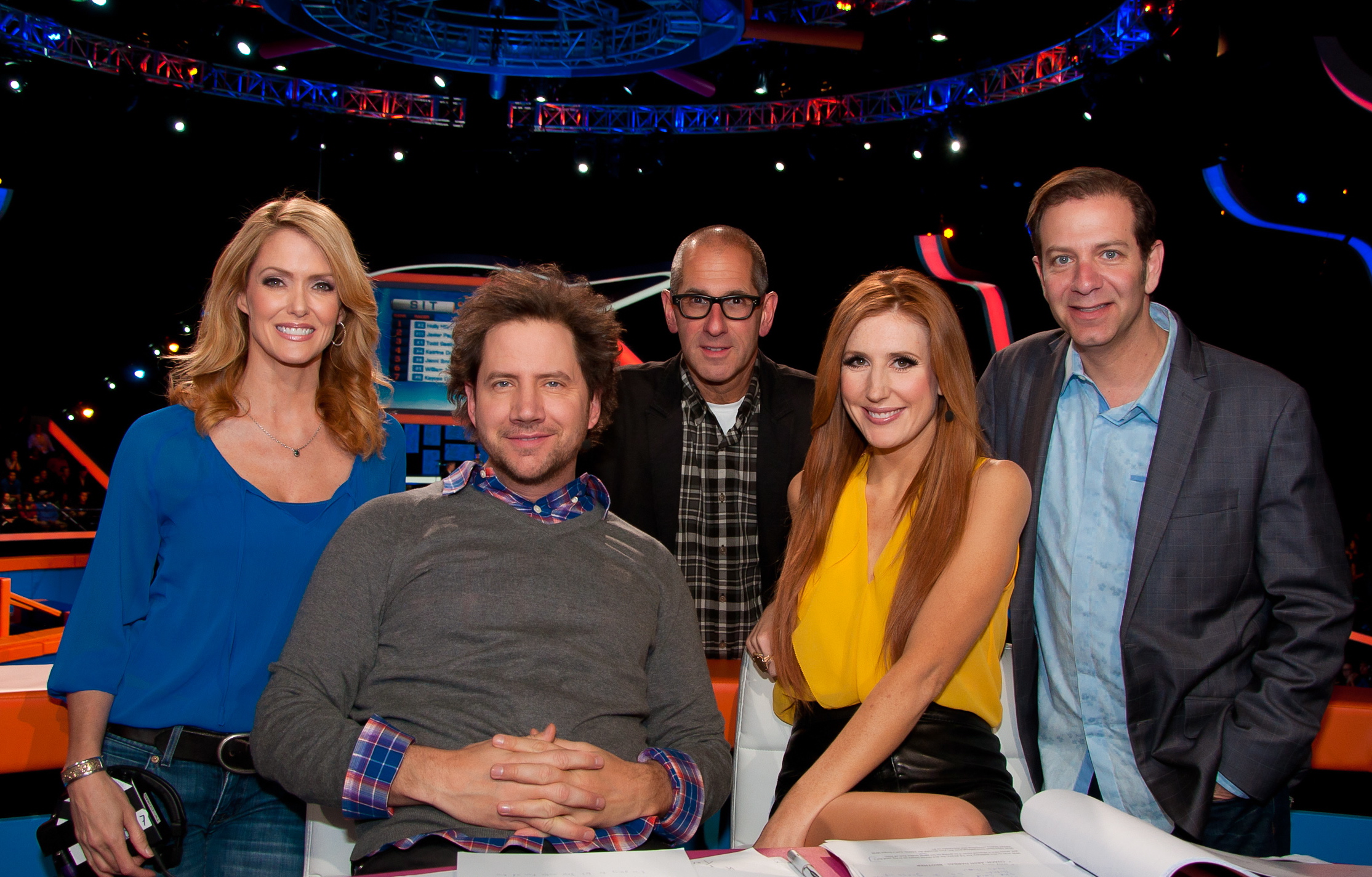 On set of the CW's Oh Sit! From left to right: Deena Dill (Creator, Executive Producer), Jamie Kennedy (Host), Phil Gurin (Creator, Executive Producer), Jessi Cruickshank (Host), Richard Joel (Creator, Executive Producer)