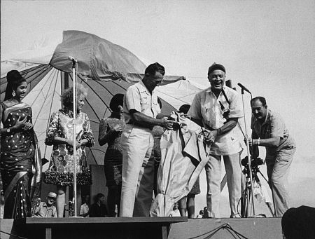 Bob Hope performing with Phyllis Diller in Southeast Asia during a U.S.O. Christmas tour