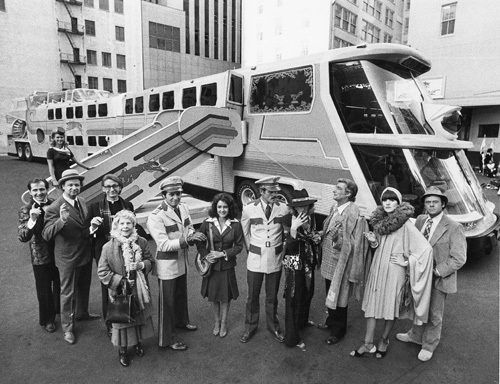 Cast of THE BIG BUS, Paramount, 1976, Stockard Channing, Joseph Bologna, Rene Auberjonois, Ned Beatty, Bob Dishy, Jose Ferrar, Ruth Gordon, Lynn Redgrave, Richard Mulligan, Sally Kellerman