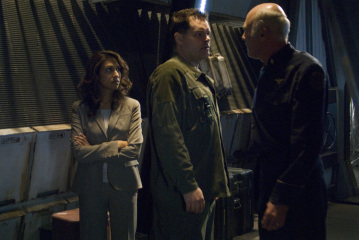 Still of Aaron Douglas, Michael Hogan and Rekha Sharma in Battlestar Galactica (2004)