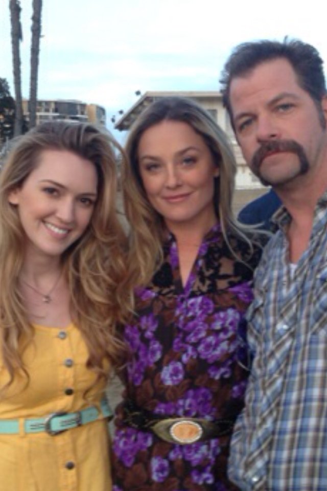 The Rivers family. Kayla Carlyle as Skye Rivers Elisabeth Rohm as Grace Rivers Tom Downey as Jake Rivers on set of Rivers 9 Marina Del Rey CA 2013