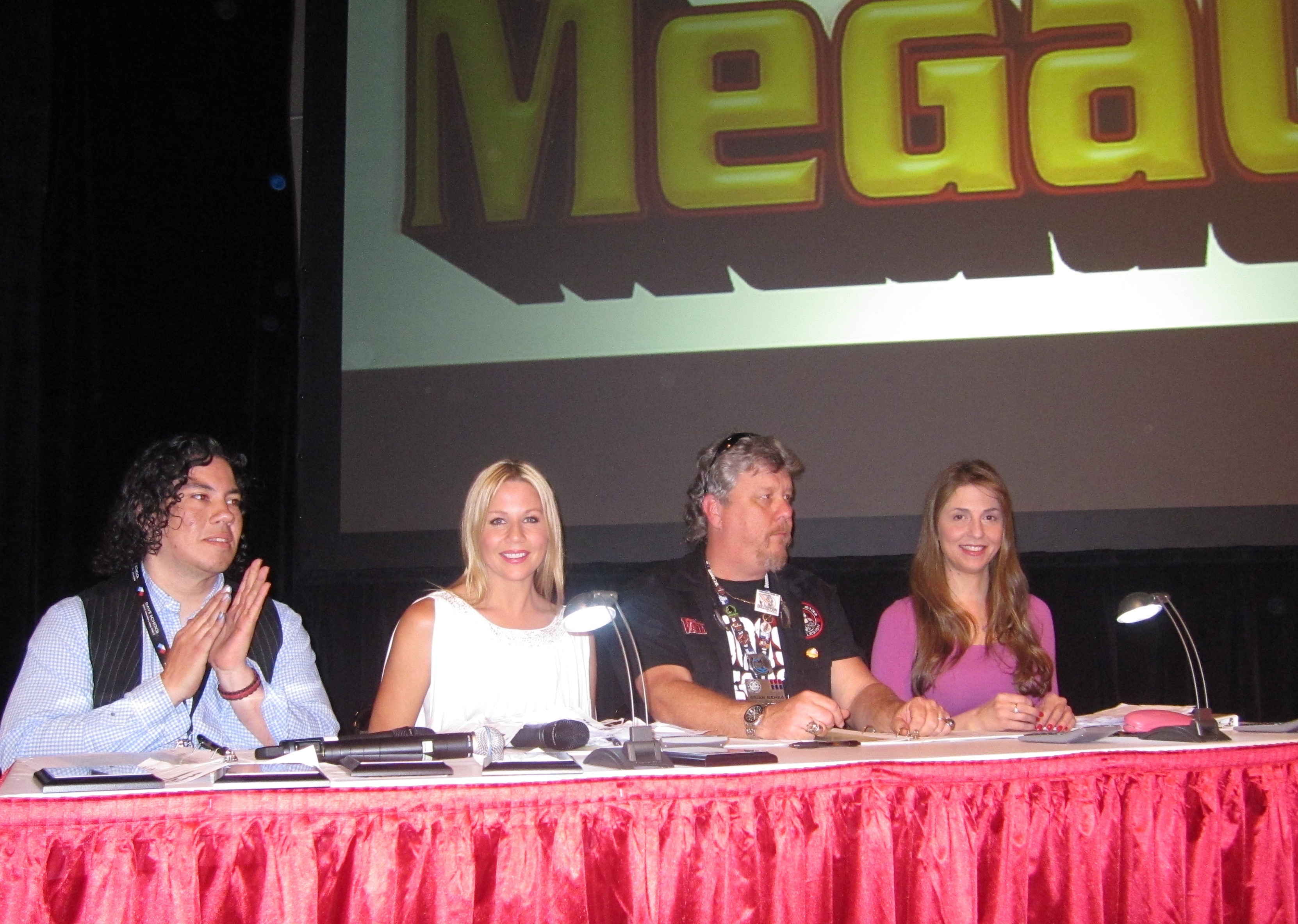 Ellen Dubin and Gigi Edgley judging the costume competition at Megacon 2013, Orlando, Florida