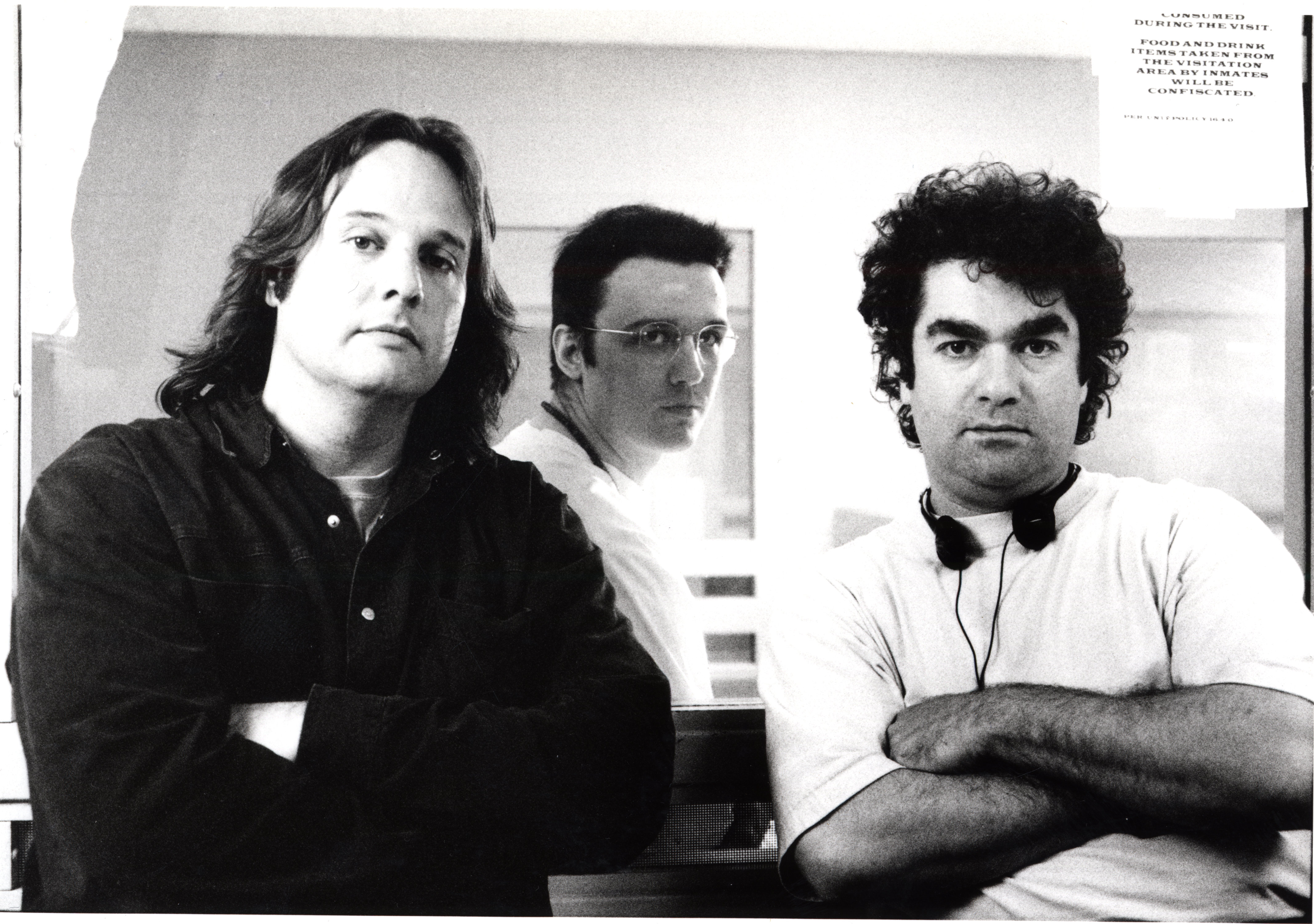 Filmmakers Joe Berlinger (right) and Bruce Sinofsky (left) with West Memphis Three member Damien Echols on death row in 1997 during the filming of Paradise Lost 2: Revelations.