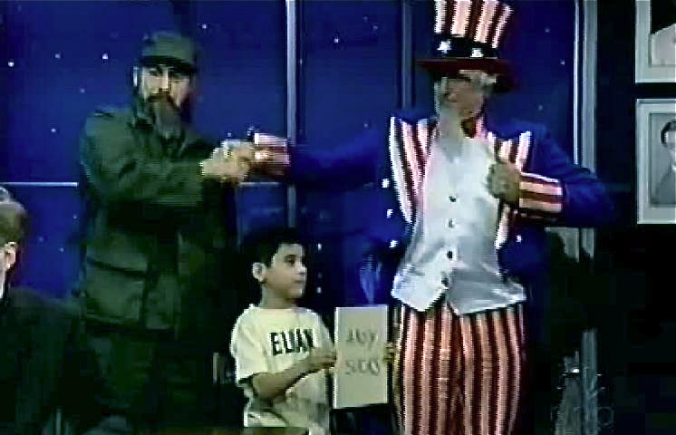 As Fidel Castro with Uncle Sam and young Elian in 'Late Night With Conan O'Brien'