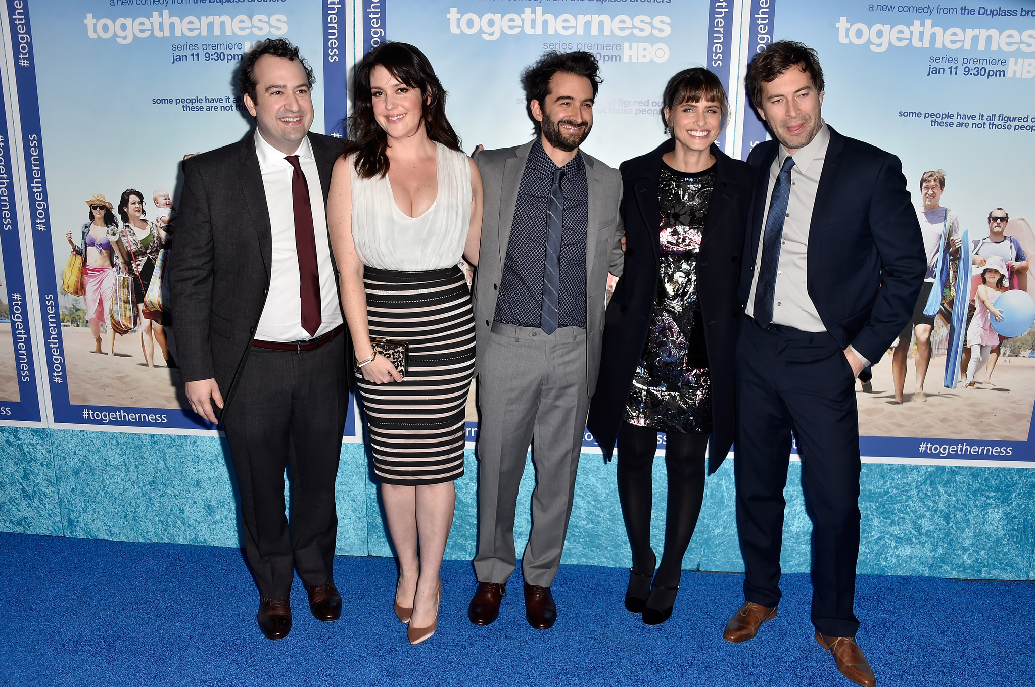 Melanie Lynskey, Amanda Peet, Jay Duplass, Mark Duplass and Steve Zissis at event of Togetherness (2015)