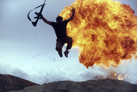 Stuntman Scott Duthie launches into the air with an explosion.