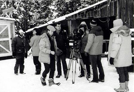 Filming new scenes for Storm. Calgary, Canada. January 1987 and minus 40. Pictured: Per Asplund, Kelly Zombor, Stan Edmonds, David Winning, David Christie, Tim Hollings and Robert Caplette.