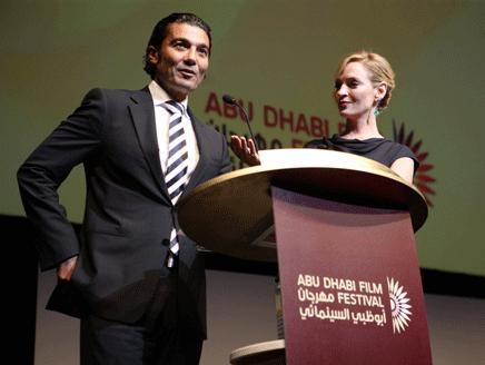 Uma Thurman and Egyptian actor Khalid Nabawy announce names of the winner movies during the closing ceremony of the Abu Dhabi International Film