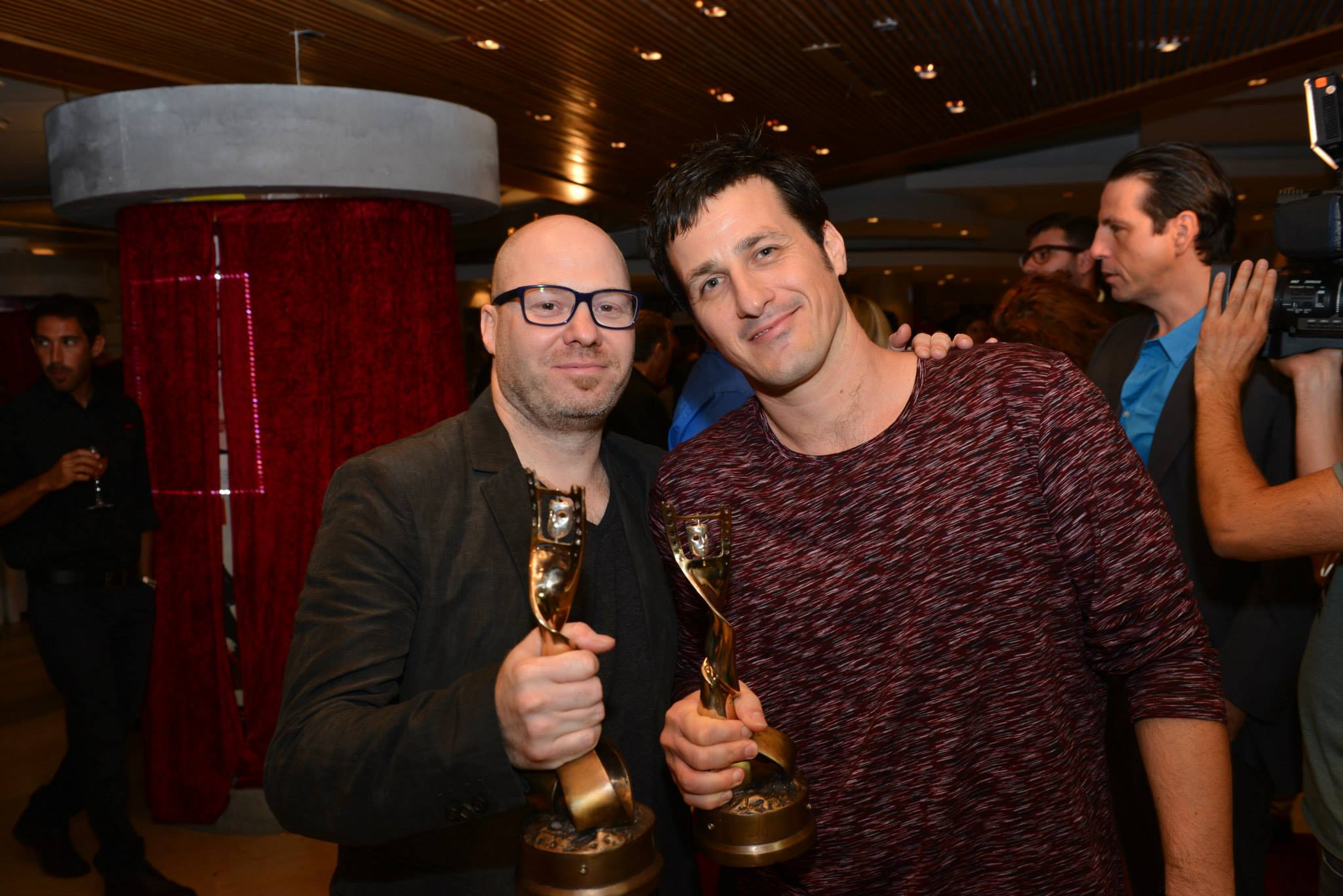Composer Frank Ilfman and sound supervisor Ronen Nagel at the Israeli Film Academy Awards, winning best music and sounds for the movie Big Bad Wolves