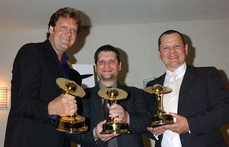 Jake Garber, Matt Rose and Mike Elizalde accepting Best Makeup Saturn Awards for 