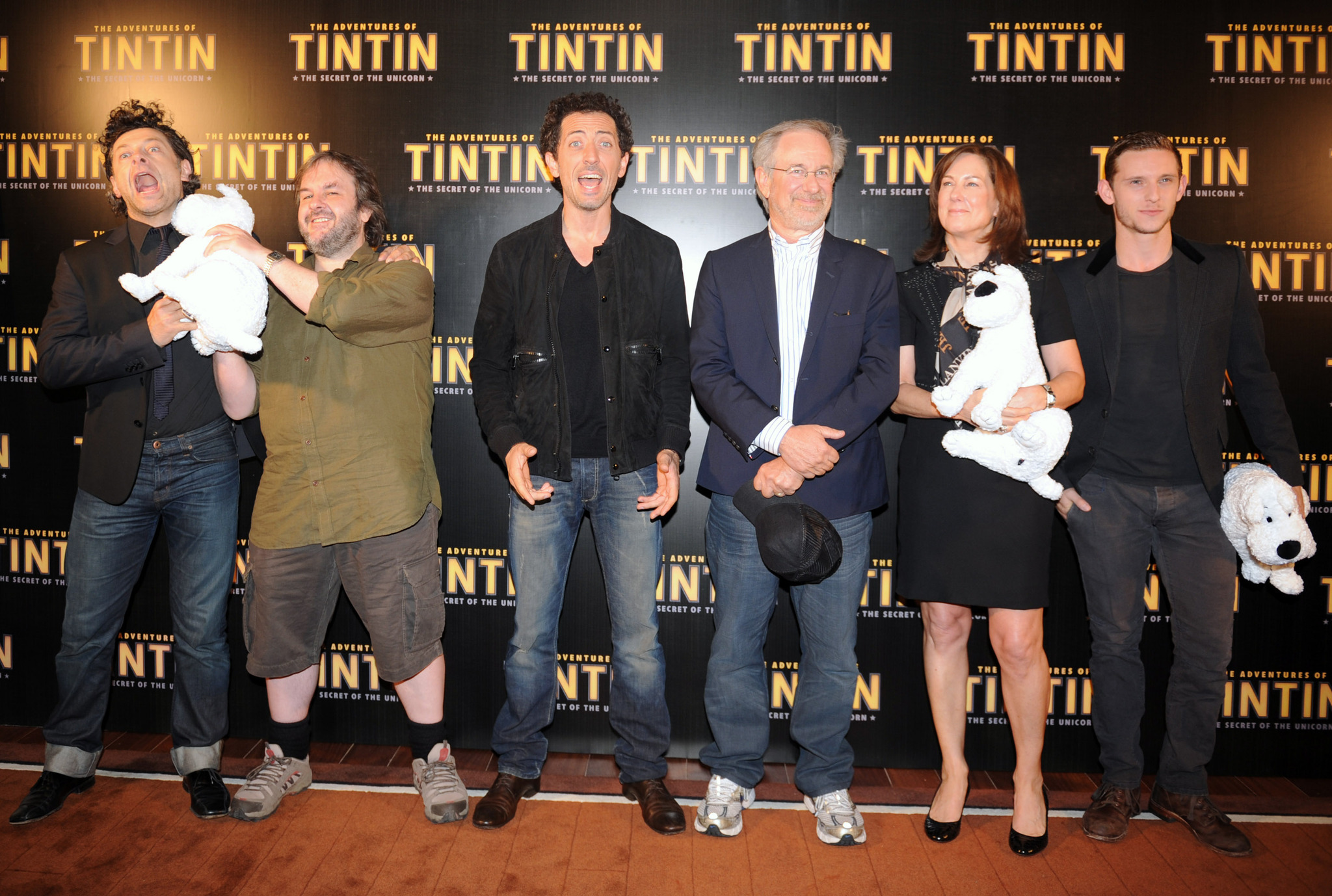 Steven Spielberg, Peter Jackson, Kathleen Kennedy, Jamie Bell, Gad Elmaleh and Andy Serkis at event of Tintino nuotykiai. Vienaragio paslaptis (2011)