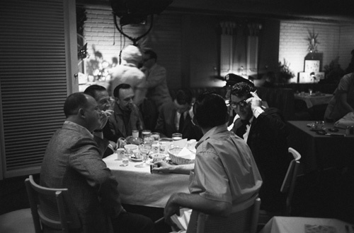 Don Rickles, Buddy Lester, George Sidney, Frank Sinatra, Jack Entratter and Dean Martin having lunch at the Sands Hotel in Las Vegas