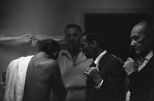 Frank Sinatra, Jack Entratter and Joey Bishop in the Sands' Hotel steam room in Las Vegas