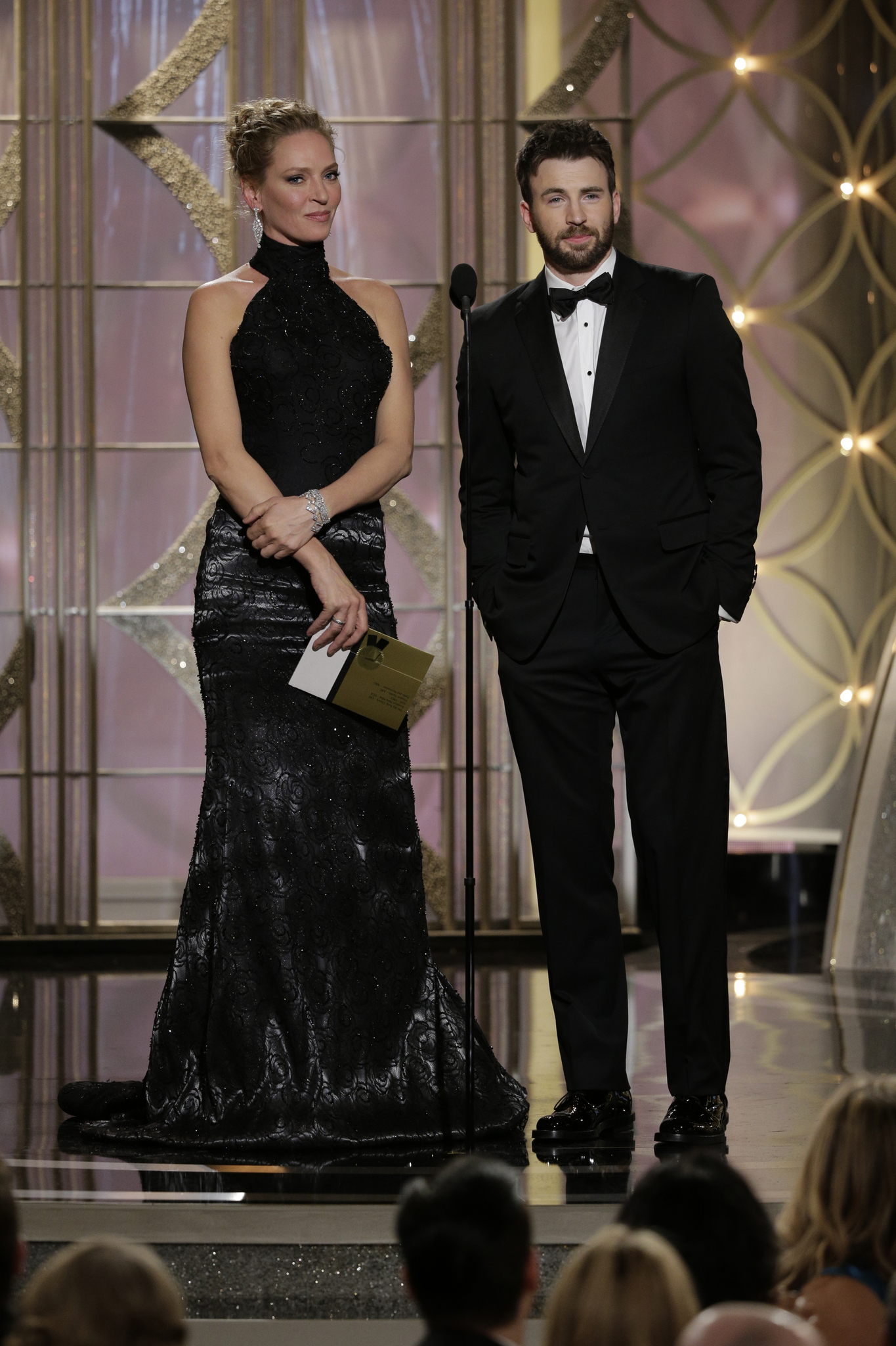 Uma Thurman and Chris Evans at event of 71st Golden Globe Awards (2014)