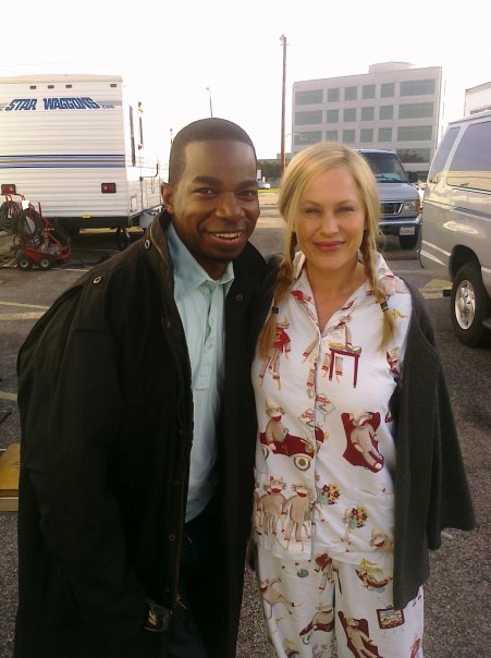 On set of the NBC show 'Medium' shooting the episode titled 'Allison Rolen Got Married'. Pictured here are actors Dwight Ewell and Patricia Arquette.