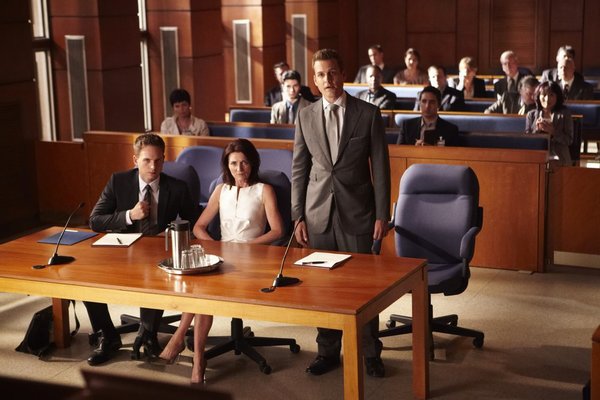 Still of Michelle Fairley, Gabriel Macht and Patrick J. Adams in Suits (2011)