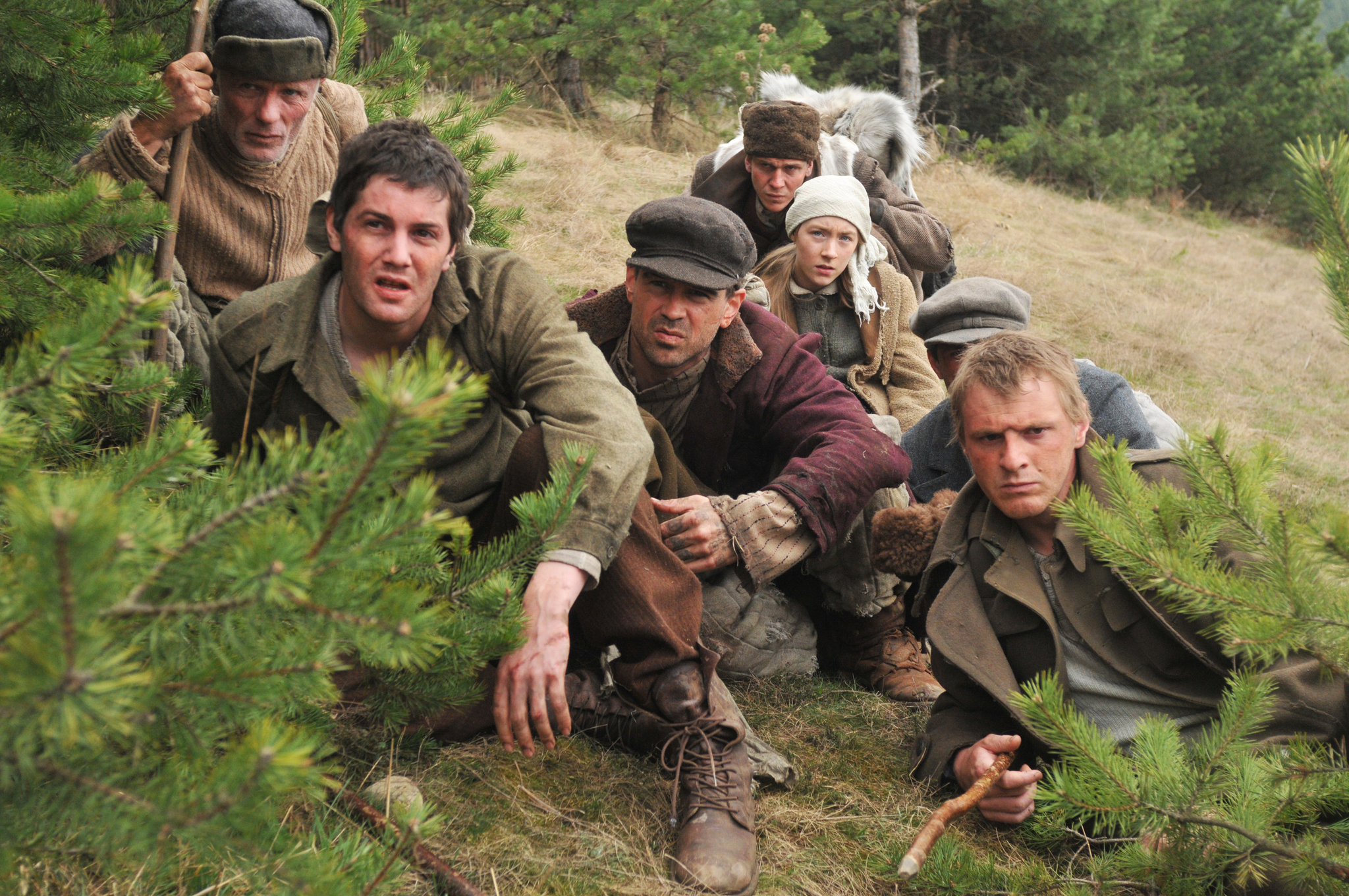 Still of Ed Harris, Colin Farrell, Jim Sturgess and Saoirse Ronan in The Way Back (2010)