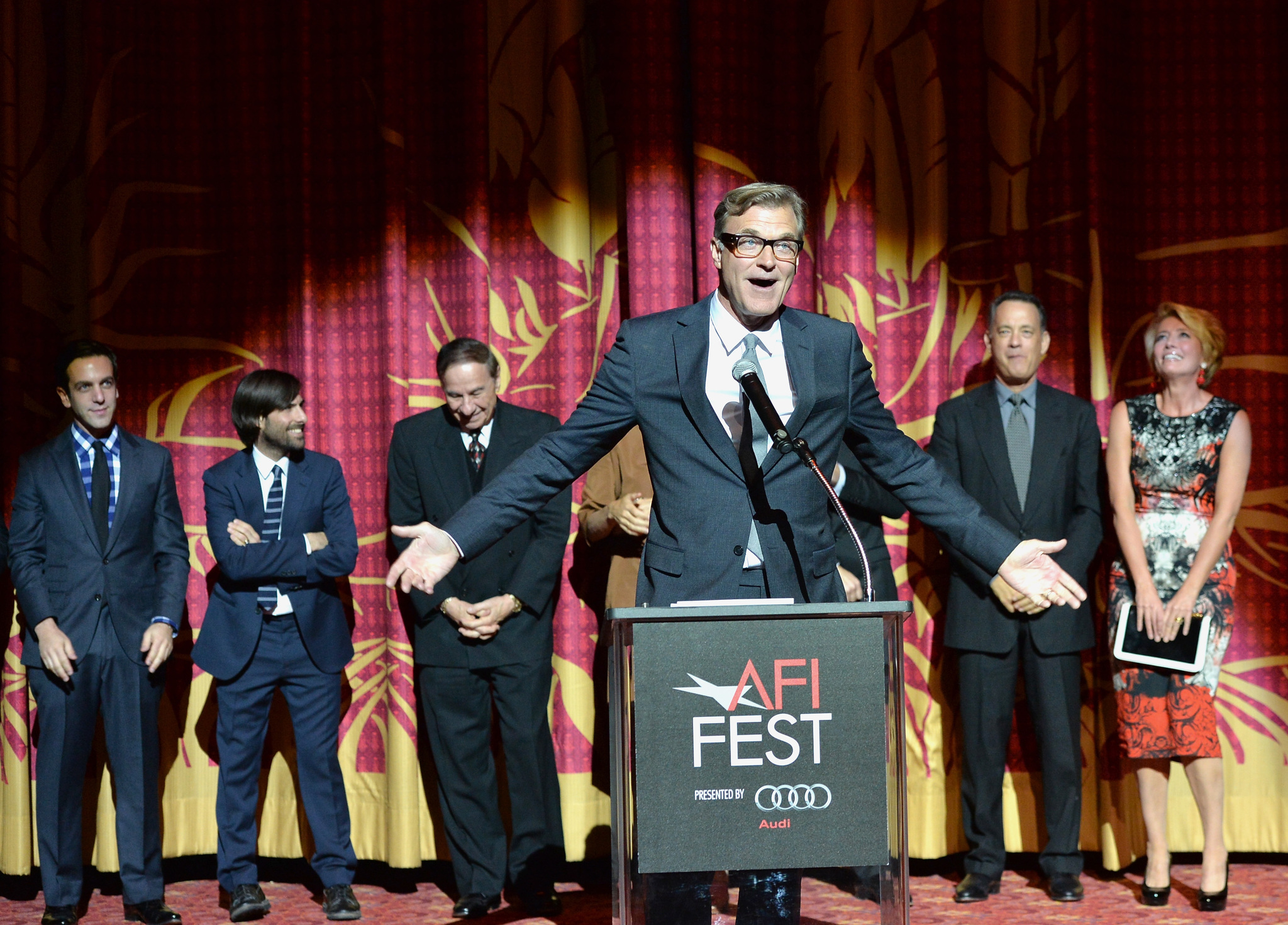 Tom Hanks, Emma Thompson, Jason Schwartzman, Colin Farrell, John Lee Hancock, Richard Sherman and B.J. Novak at event of Isgelbeti pona Benksa (2013)