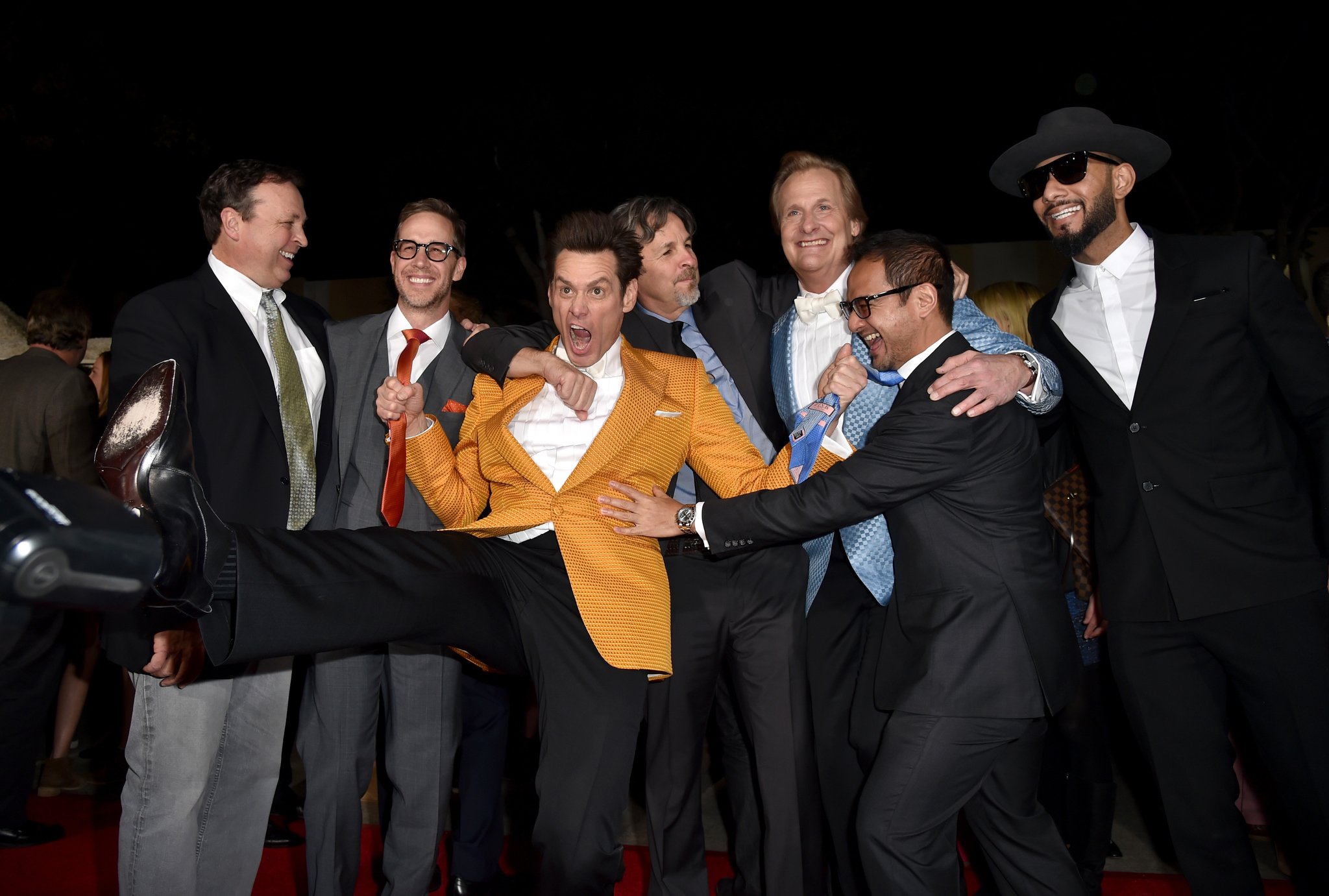 Jim Carrey, Jeff Daniels, Swizz Beatz, Bobby Farrelly, Peter Farrelly, Joey McFarland and Riza Aziz at event of Bukas ir bukesnis 2 (2014)