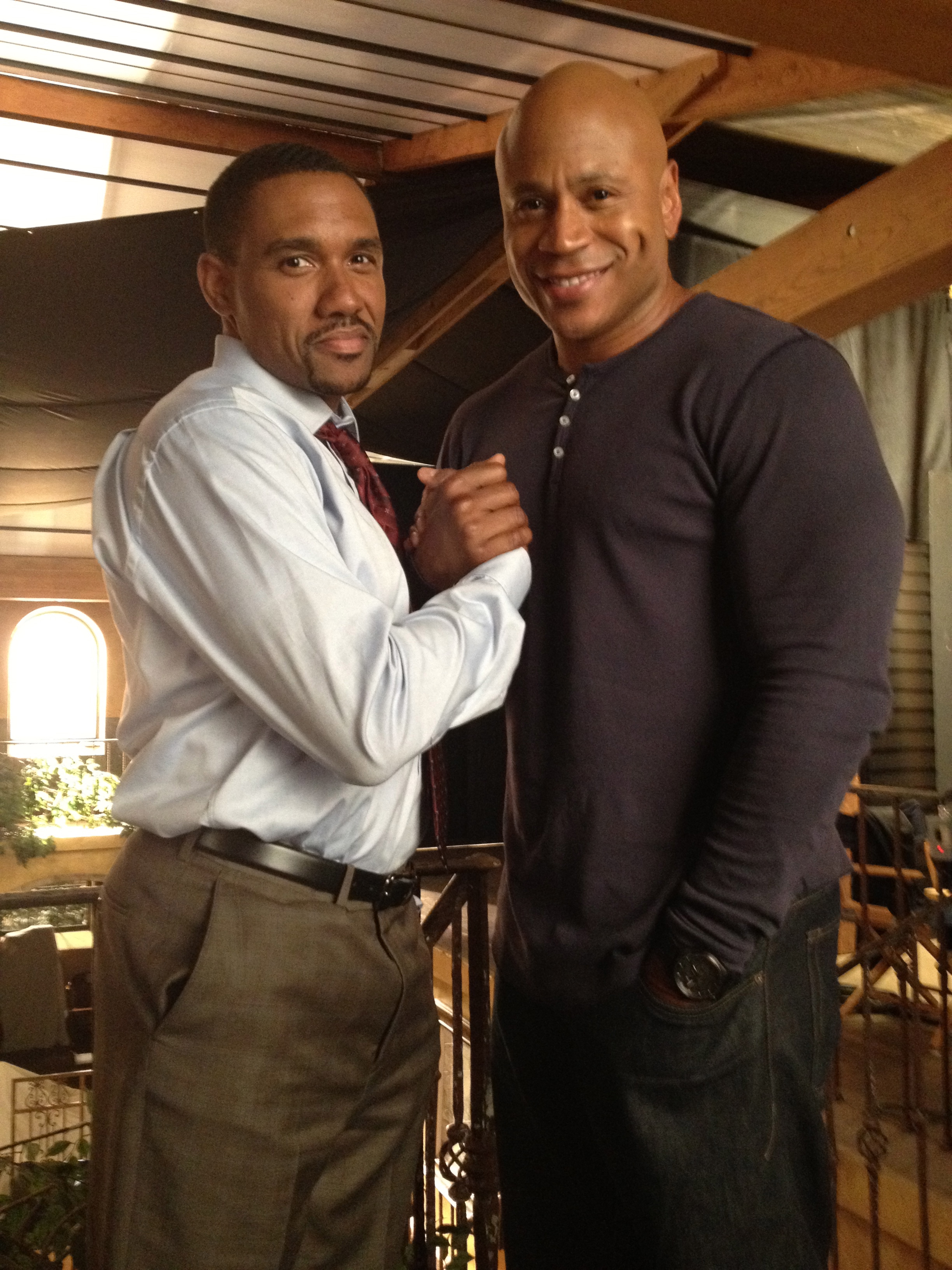 Kent Faulcon and LL Cool J on the set of NCIS Los Angeles
