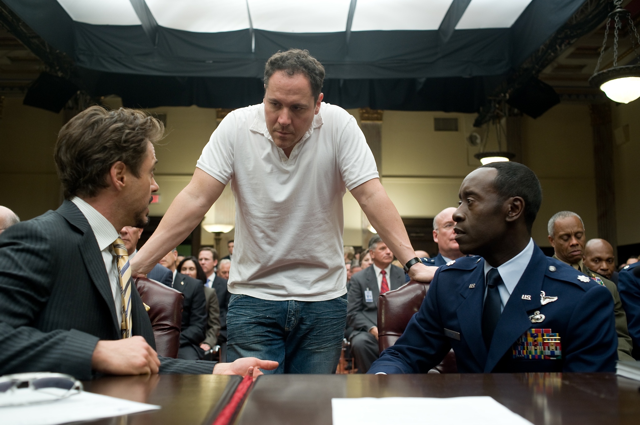 Still of Don Cheadle, Robert Downey Jr. and Jon Favreau in Gelezinis zmogus 2 (2010)