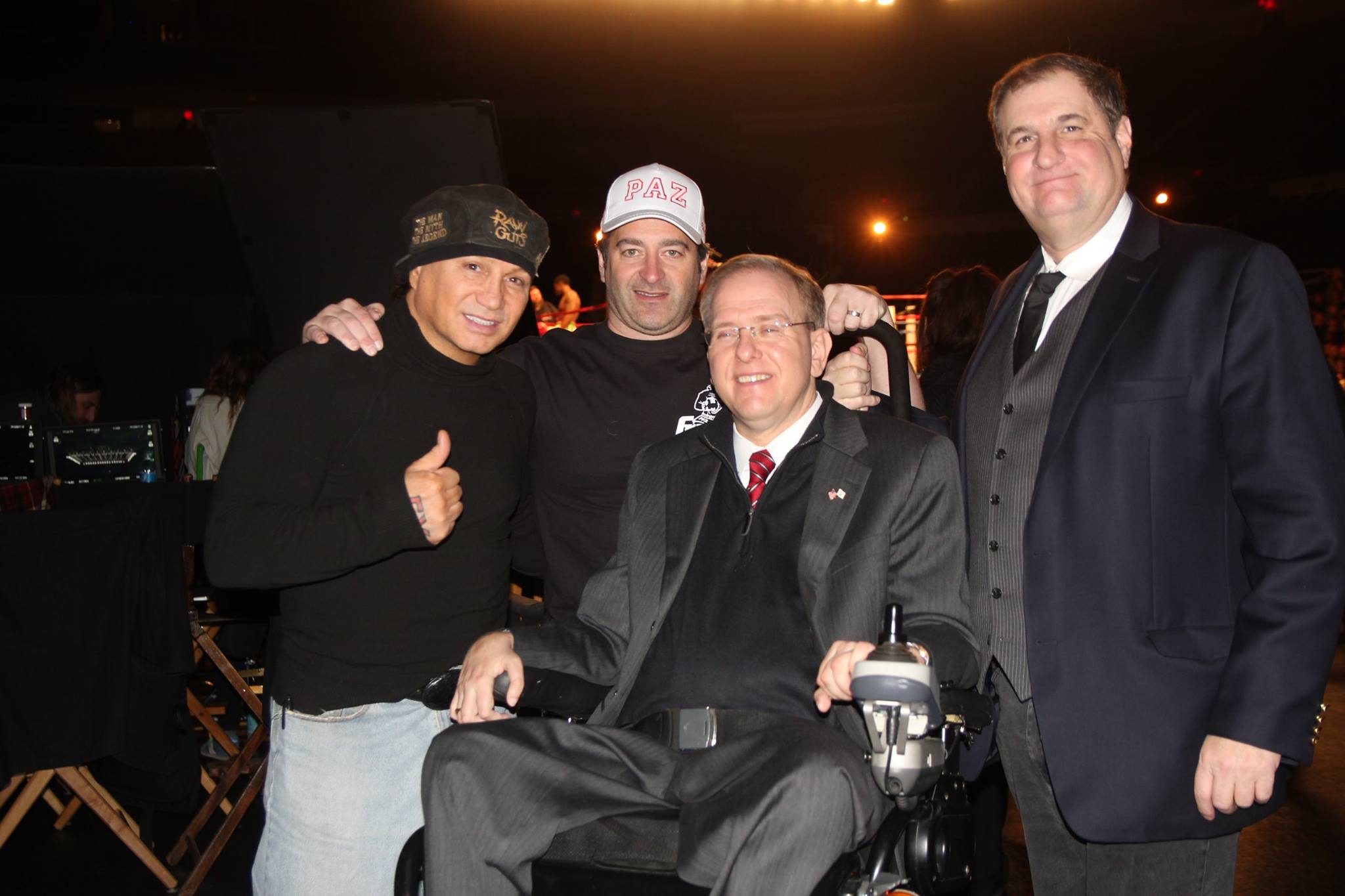 Vinny Paz, Chad Verdi, Congressman James Langevin and Steven Feinberg on the set of BLEED FOR THIS