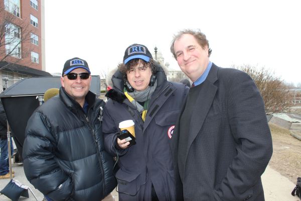 On the set of NOVEMBER CRIMINALS with director Sacha Gervasi (center) and Steven Feinberg (right) and assistant director John McKeown (left)