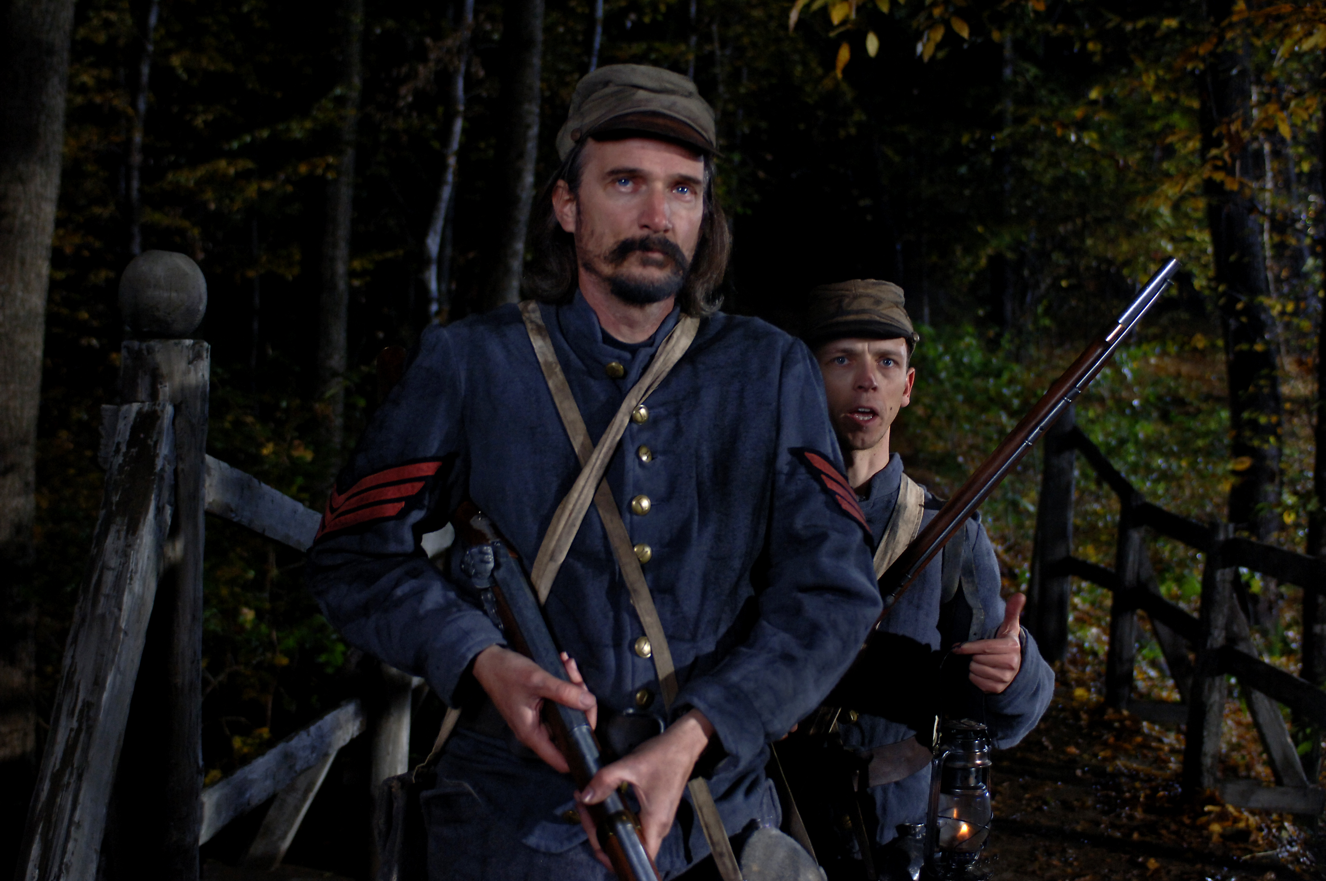 M. Steven Felty as Sgt. Mosby Rusk with local actor in Romania shooting Headless Horseman.