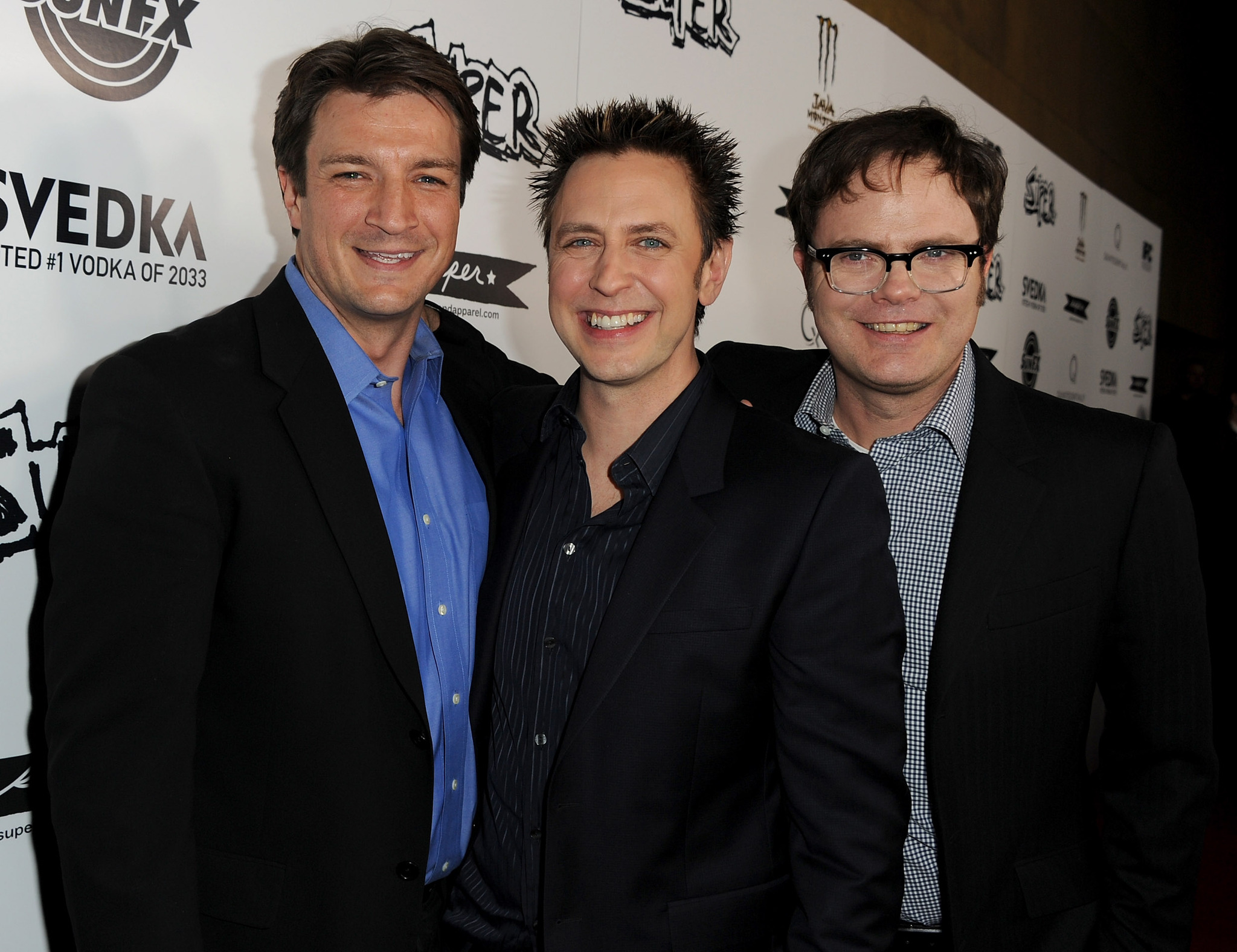 Nathan Fillion, James Gunn and Rainn Wilson at event of Super (2010)