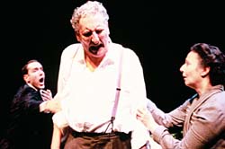 Corey Fischer as Willy Loman in TJT's 2007 production of Death of a Salesman with Michael Navarra (l) as Biff and Jeri Lynn Cohen (r) as Linda