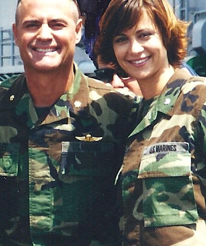 On the set of J.A.G., actors Jim Fitzpatrick and Catherine Belle, shoot scenes aboard a Desert Storm Battleship in, anchored in San Diego, in 1997