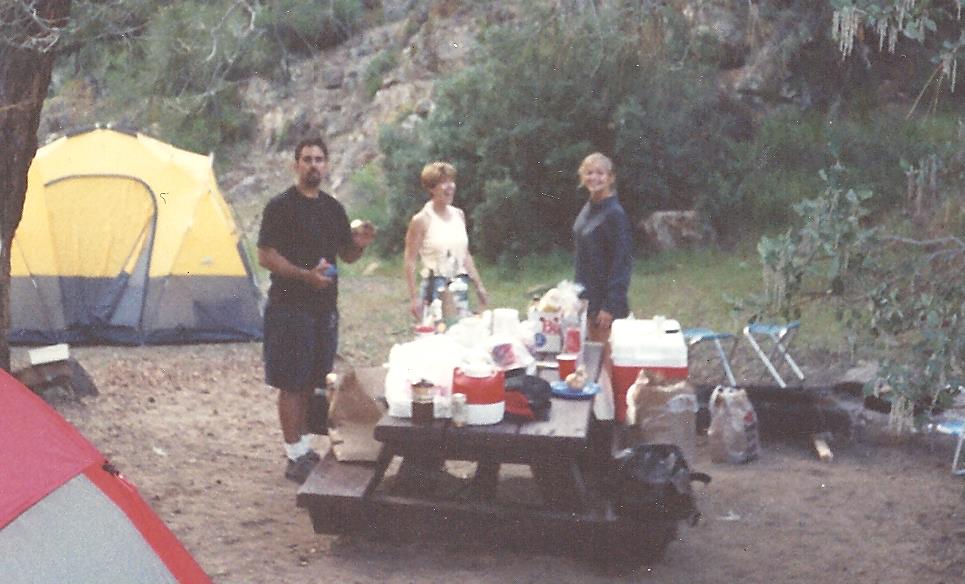 L-R Carlos Delatore, Jodi Knotts and Cameron Diaz camping on the Kern River in 1992