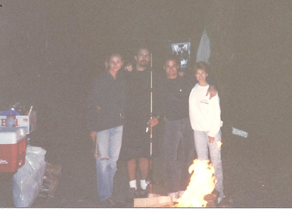 L-R Cameron Diaz, Carlos Delatore, Jim Fitzpatrick and Jodi Knotts, camping at the Kern River in 1992