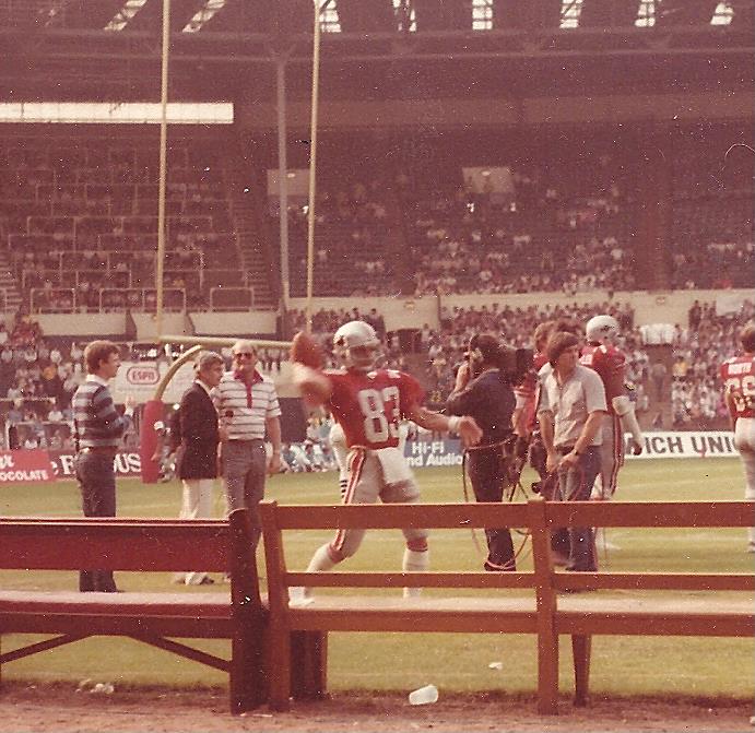 Tampa Bay's Jim Fitzpatrick #83 and QB John Reaves prepare to play Philadelphia in the first American Football game ever played in Wembley Stadium (London) in 1985