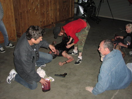 (Right to left) Greg Suddeth, Lindsey Sjoberg, Ursula Glaviano and Matt Flynn prep the scene.