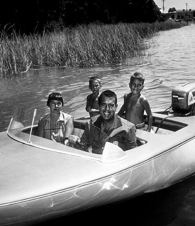 Tennessee Ernie Ford with his wife, Betty, and sons, Brion and Jeffery, at their ranch in Clear Lake, CA, 1957.