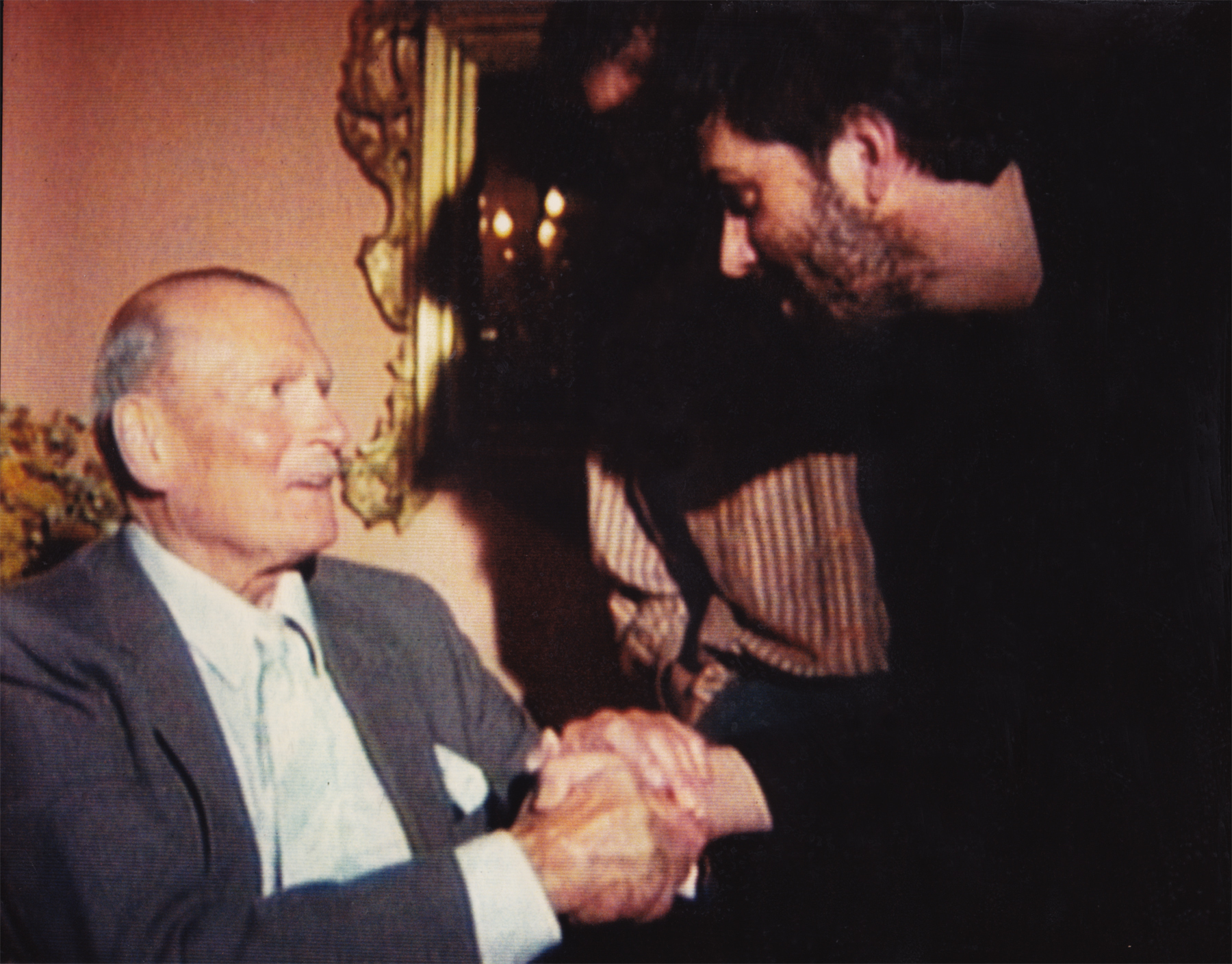 Matt Forrest (director) and Sir Laurence Olivier (actor) after filming 'Just for Money'
