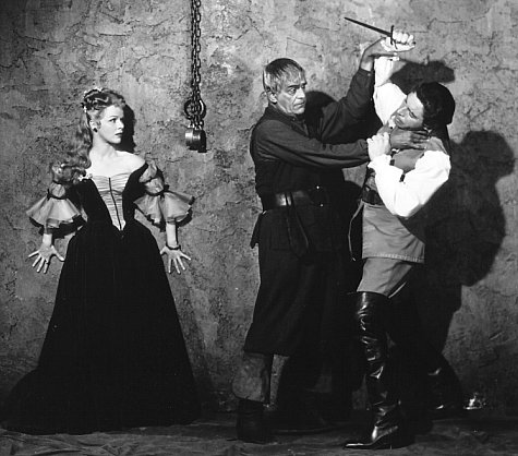 Boris Karloff, Sally Forrest and Michael Pate in The Strange Door (1951)