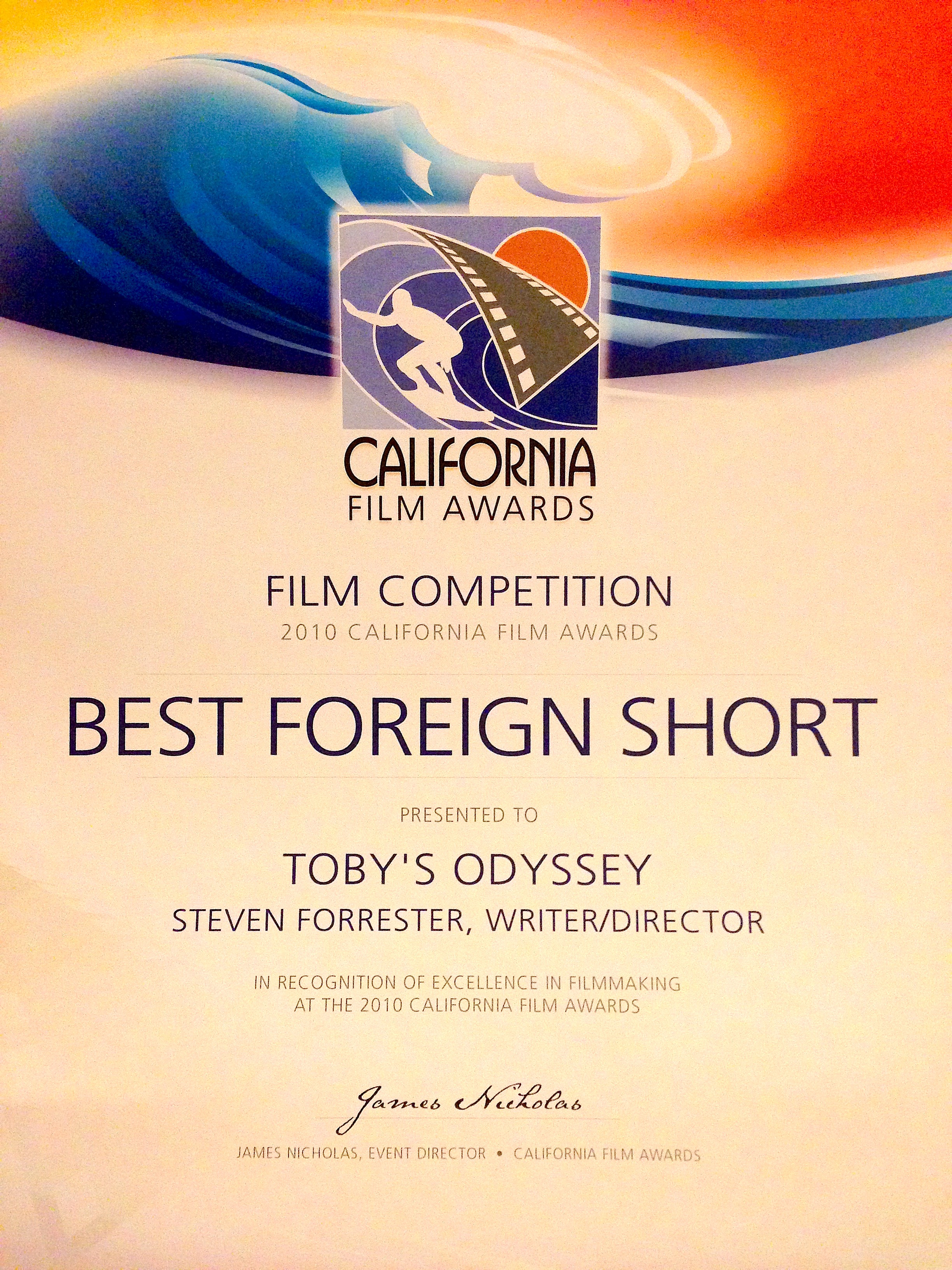 Toby's Odyssey wins California Film Award.